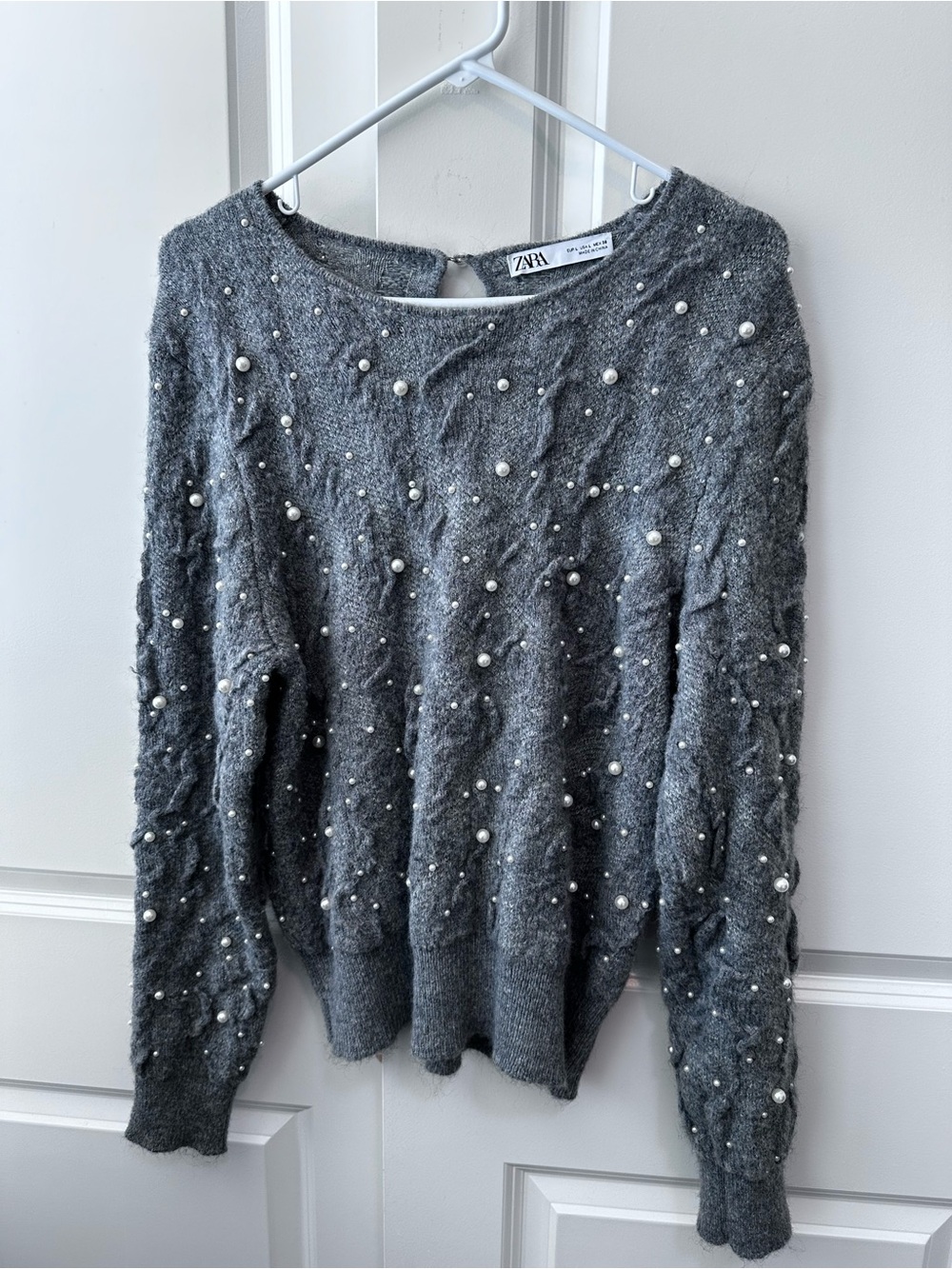 Zara Gray Pearl-Embellished Women's Sweater Sz. L